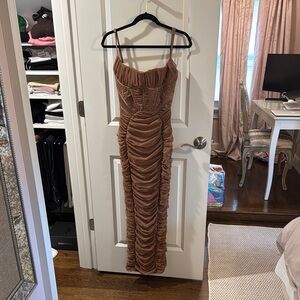 House of CB Lilian (Mocha) Ruched Midi Dress for Wedding Guest